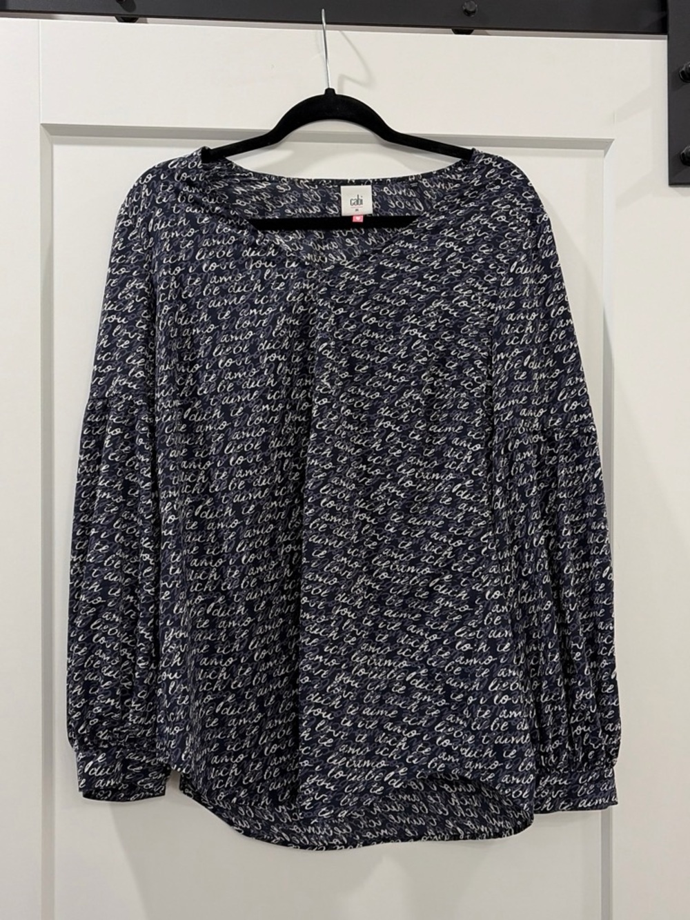 CAbi Navy and White Script Long Sleeve Top